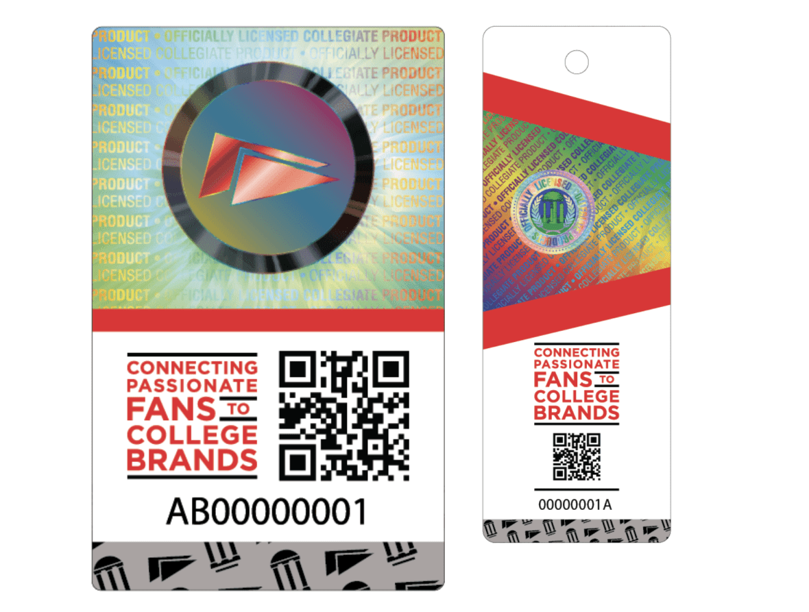 wide tag next to thin tag, both with text "connecting passionate fans to college brands" and QR code underneath red stripes outlining a reflective rainbow strip