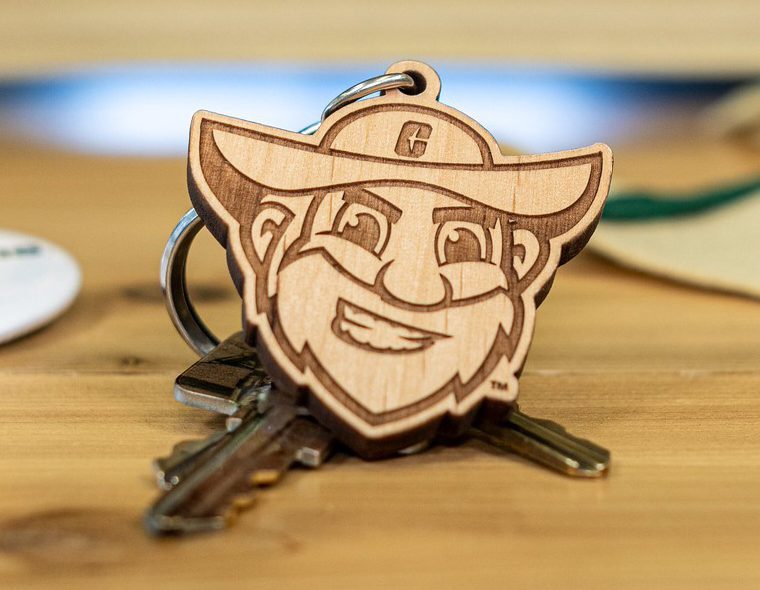 Norm the Niner keychain sits on a wooden table