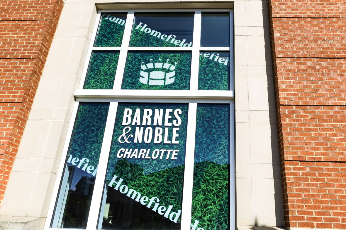 Barnes & Noble store windows with clothing advertisement window cling