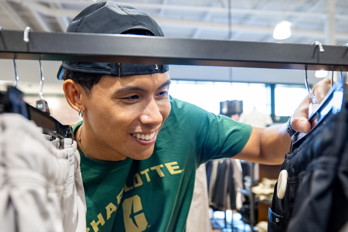 Charlotte student wearing licensed apparel from Dick's Sporting Goods